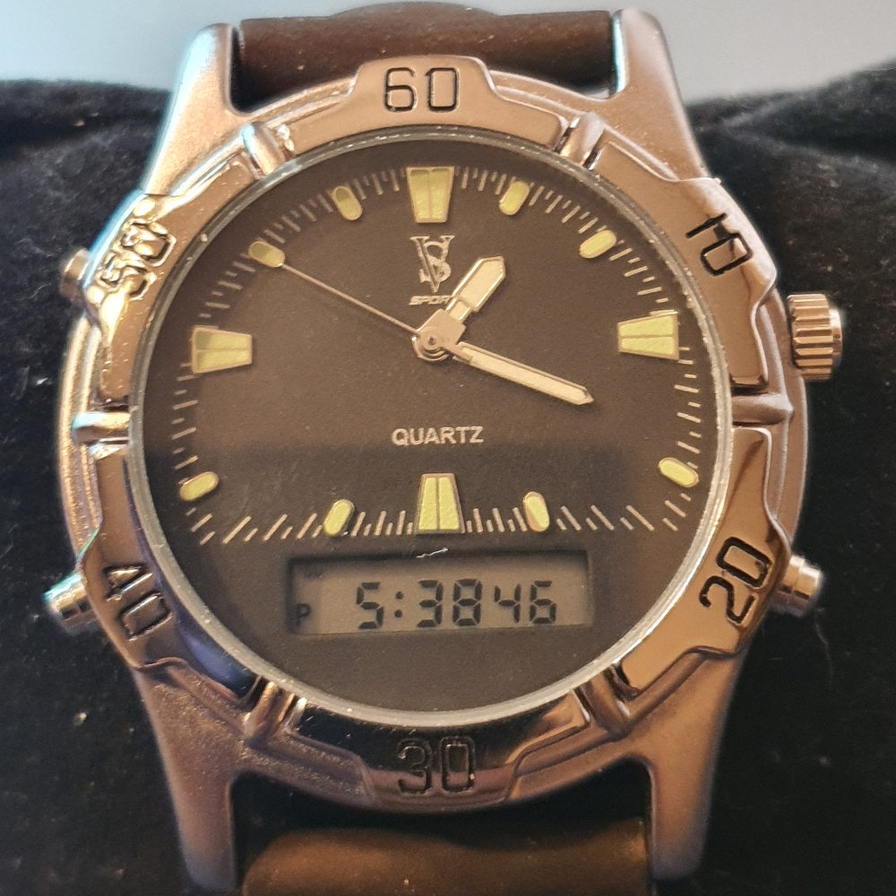 10/$20 SV Sport Silver/Black Leather Ani-Digital Alarm Chrono Men's Watch